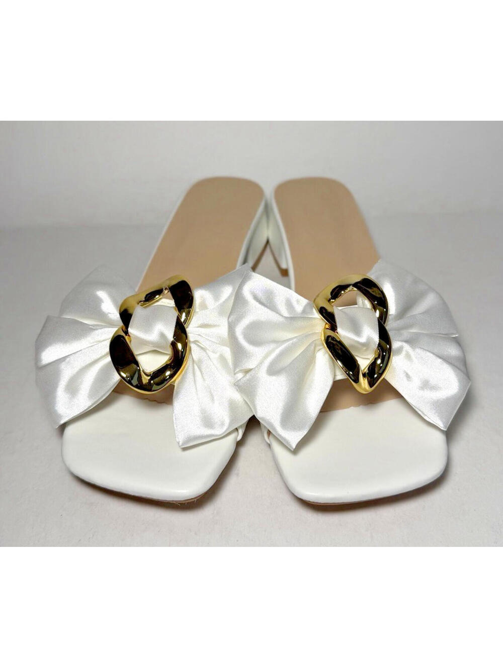 Women's Chunky Heel Mule Sandal Slip On Bow White